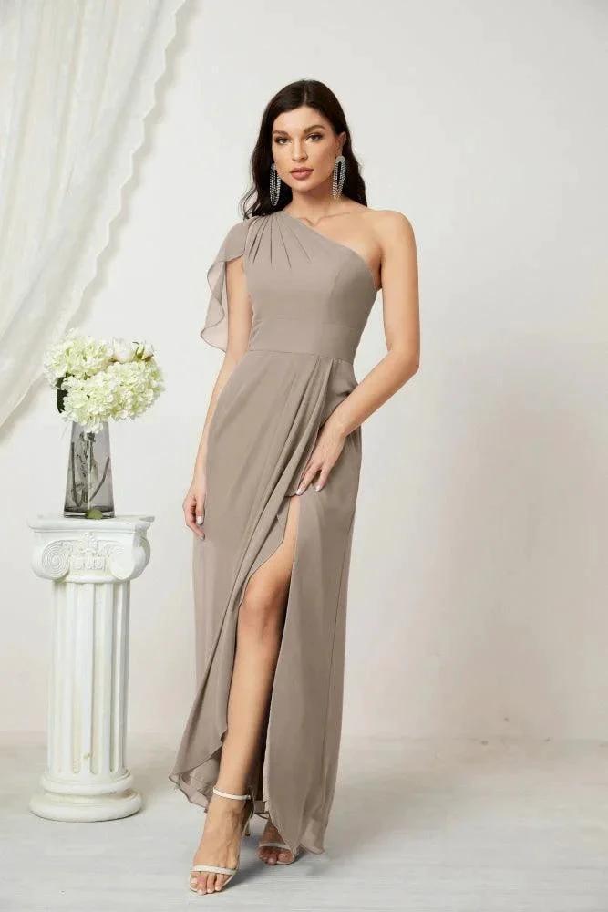 Numbersea Chiffon Ruffled One Shoulder Long Bridesmaid Dresses A-line Formal Evening Gown Side Split 2809 by numbersea