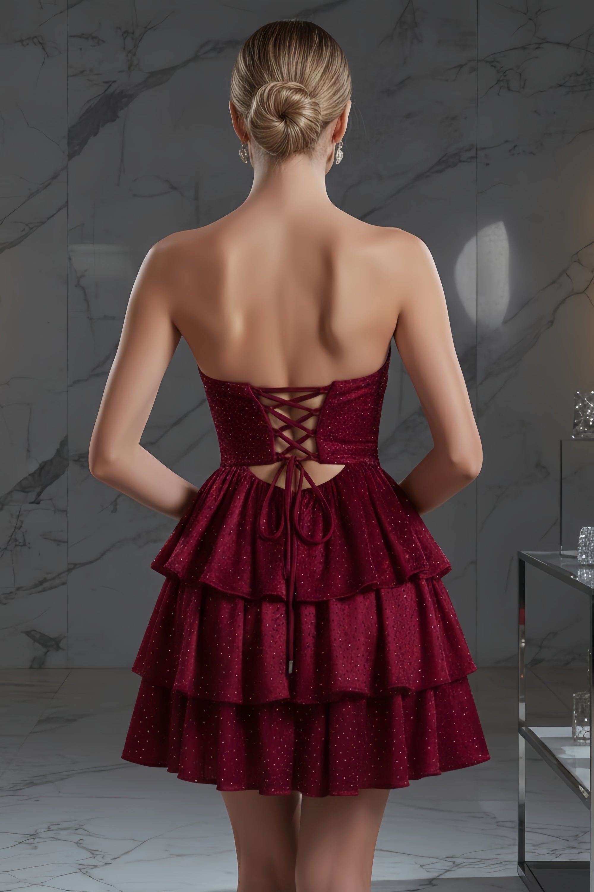 Strapless Tiered Mini Dress with Front Cutout and Lace-Up Back