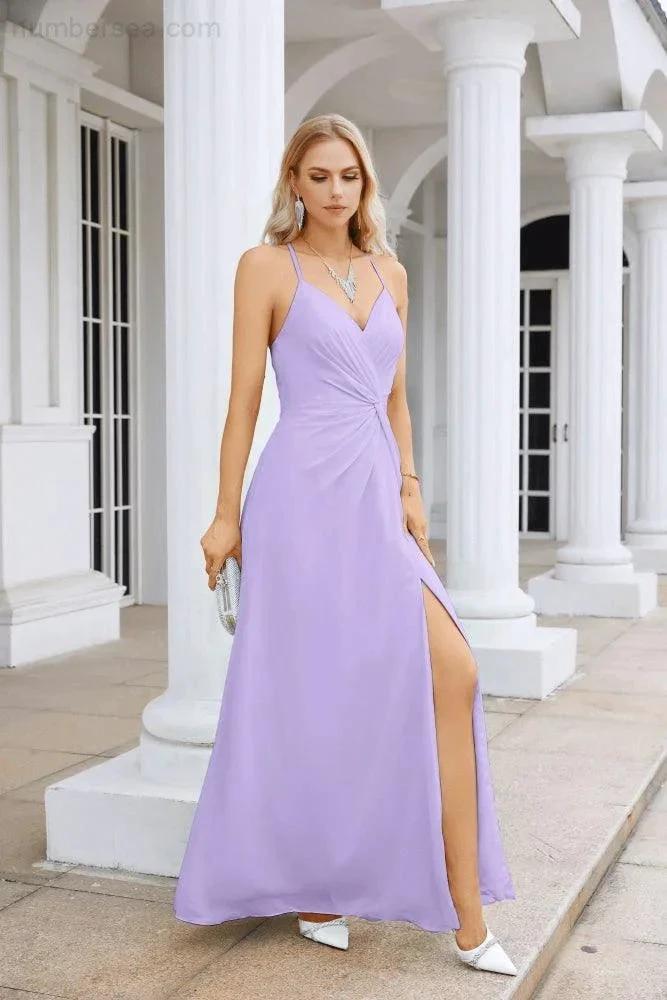 Ladies Chiffon Spaghetti Strap V Neck Front Slit Floor Length Bridesmaid Evening Dress Prom Party Wedding Evening Dress 28116 (ZD17012)