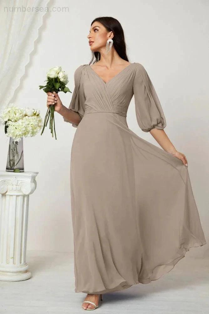 ZapDress  Formal Prom Gown Women V-Neck Chiffon Bridesmaid Dresses Long Bishop Sleeve Party Dress 2807 (ZD17027)