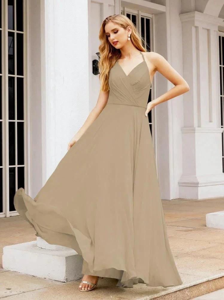 Numbersea Halter Chiffon Bridesmaid Dresses Wedding Appare Sleeveless Formal Prom Dress with Ruffled Back 28035 by numbersea