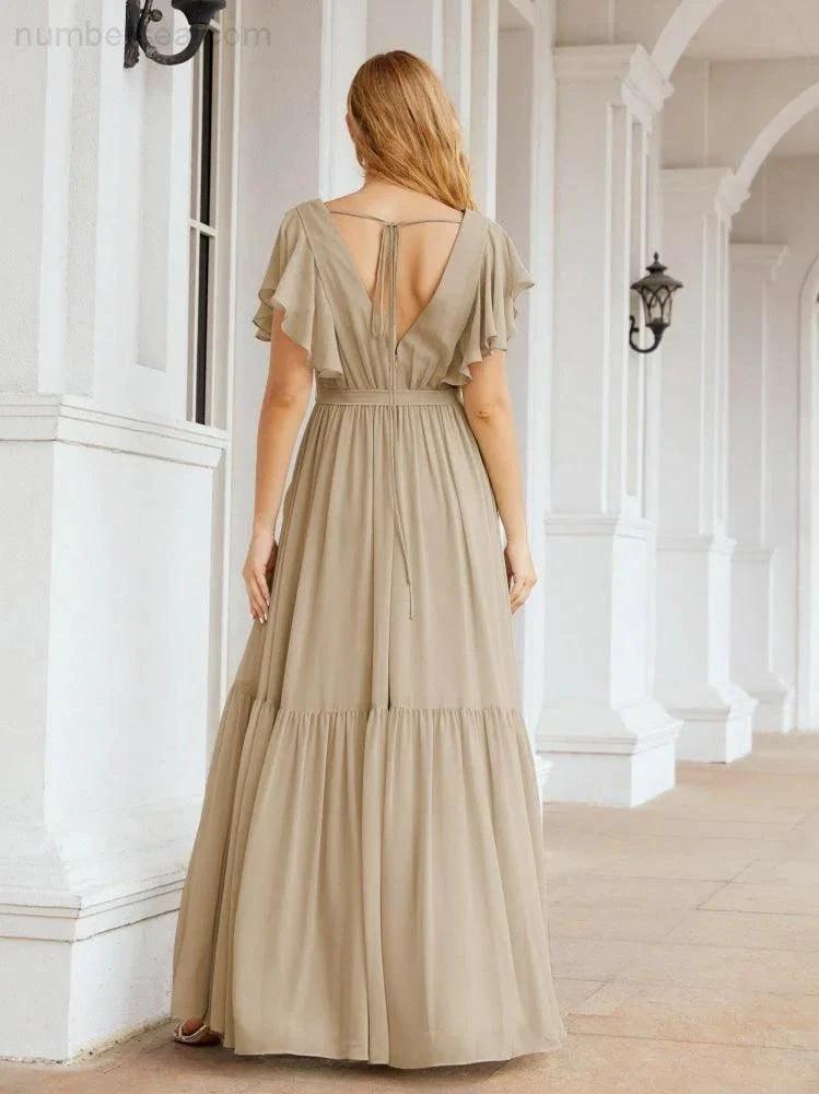 ZapDress Women's Open Back Formal Evening Party Prom Gowns V-Neck Long Chiffon Bridesmaid Dresses with Waist Belt 28038 (ZD17000)
