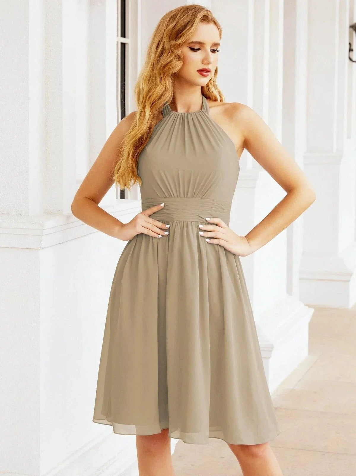 ZapDress Halter Chiffon Bridesmaid Dresses Short Sleeveless Formal Party Dress Open Back 28023 (ZD16957)