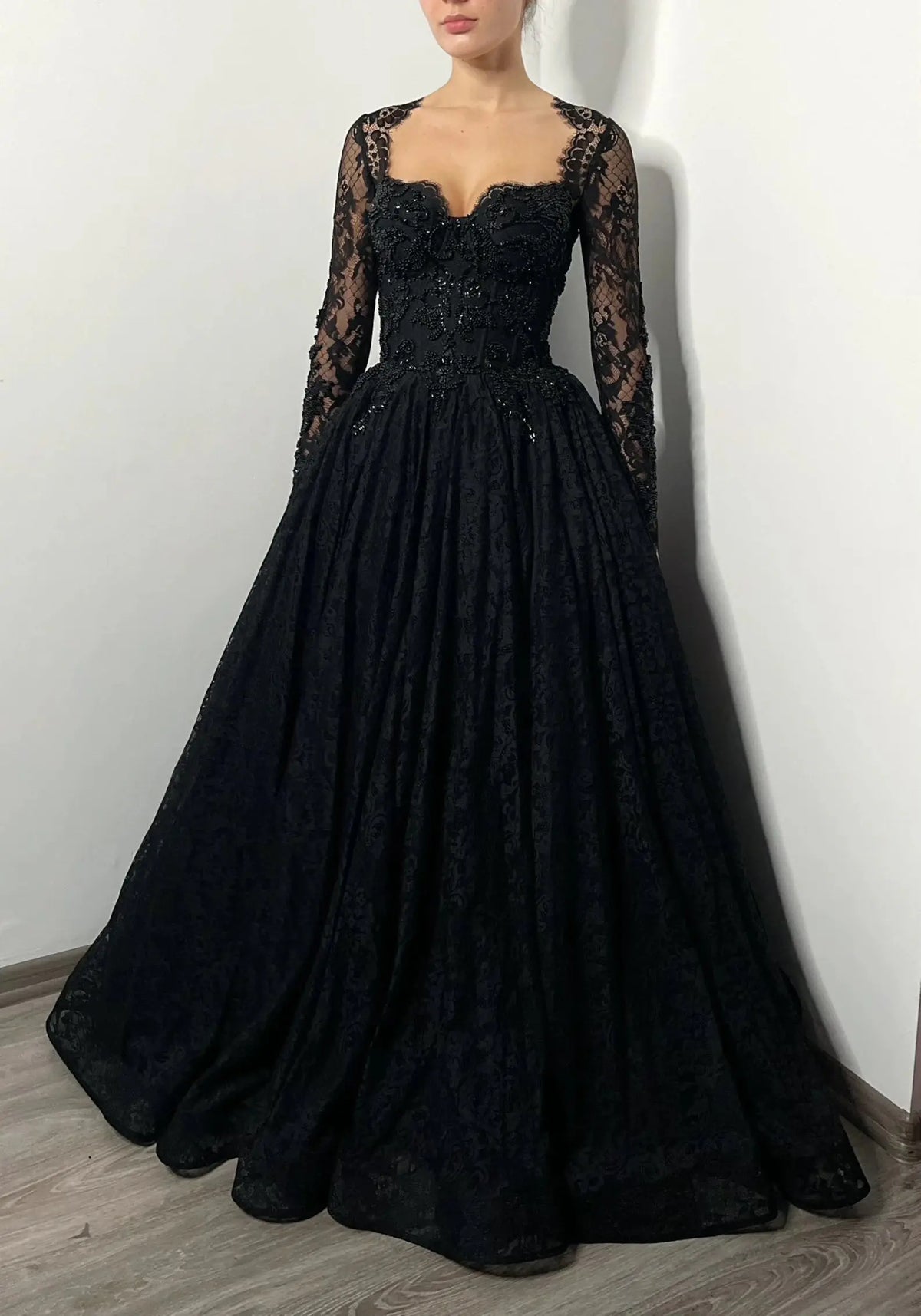 Black Luxury Gothic Wedding Dress Heavy Beaded Lace Ball Gown ZP197 - VelvetHem