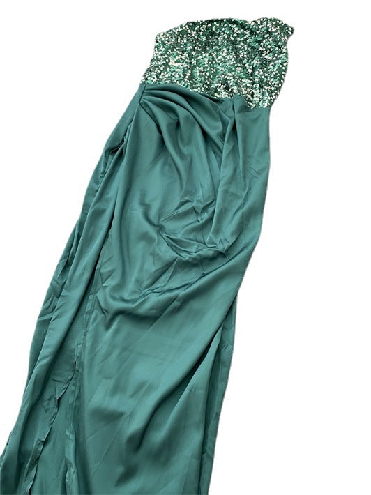 Green Sequined Fairy Wedding Long Long Sleeve One-Piece Mid-Length Evening Dress - View 5 | VelvetHem