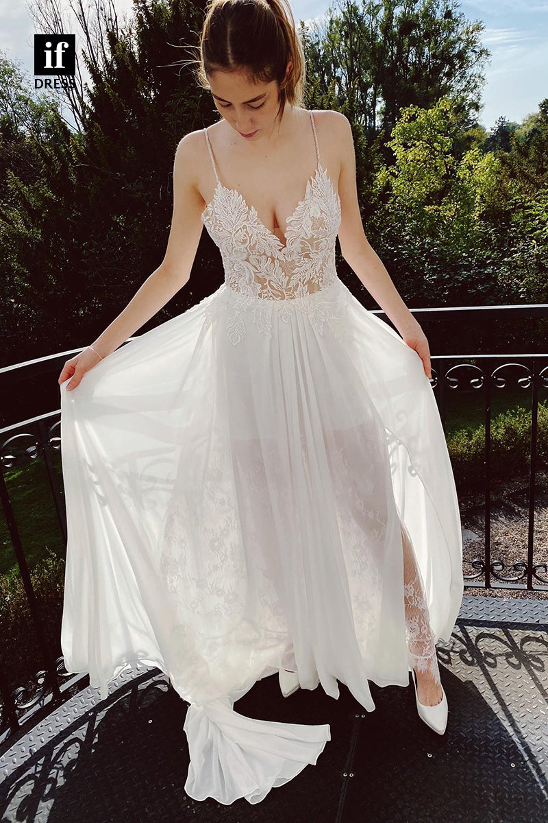31672 - Plunging V-Neck Lace Appliques Bohemian Wedding Dress