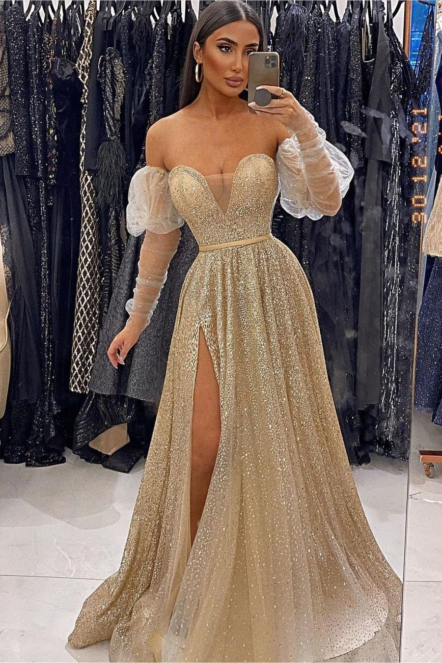 Sweetheart Long Sleeves Prom Dress Sequins With Slit - VelvetHem