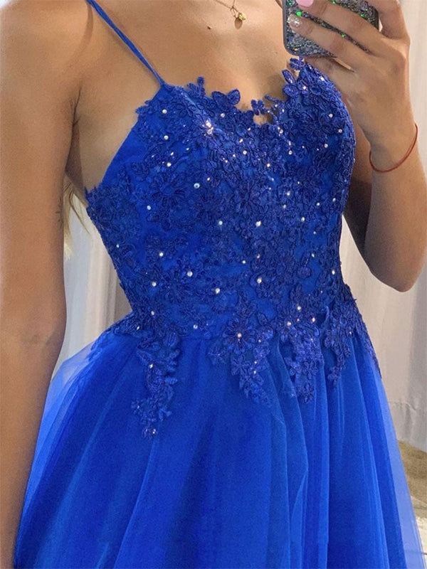 Blue A-Line Spaghetti Straps Tulle Long Prom Dress with Appliques - View 2 | FashionDia