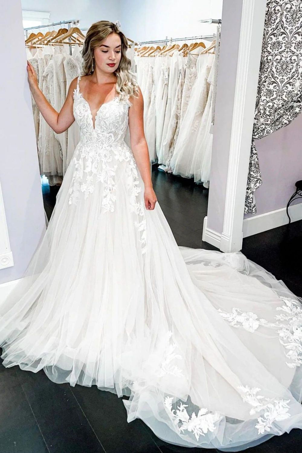 Charming A-Line V-Neck White Wedding Dress with Appliques - FashionDia
