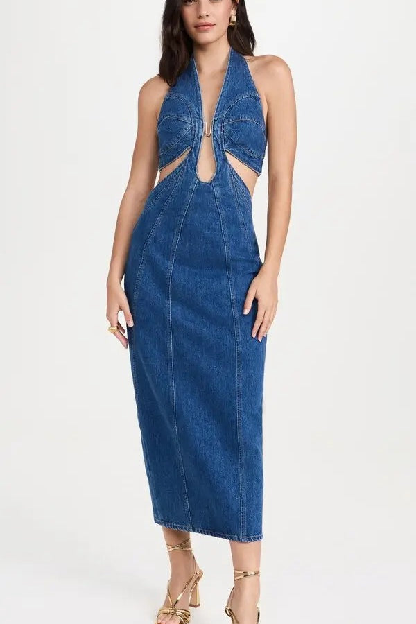 Halter Wrap Denim Dress - View 4 | VelvetHem