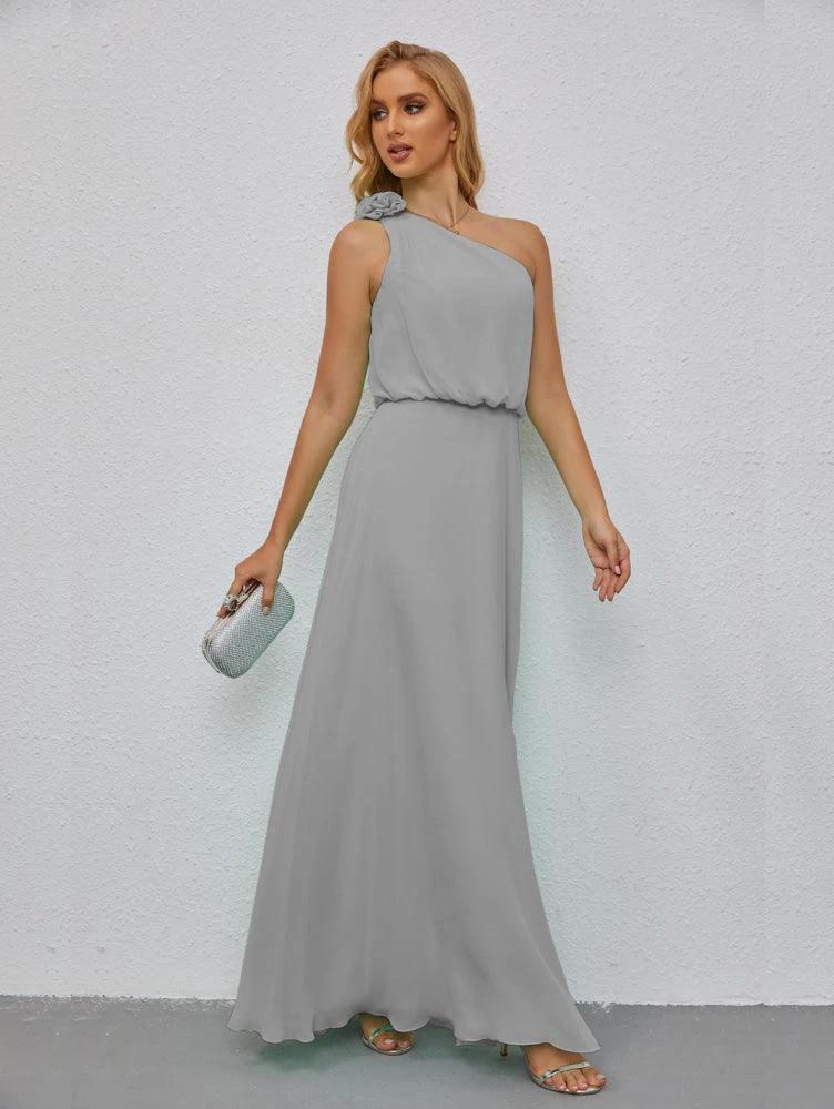 Ruffled One Shoulder Sleeveless Long Bridesmaid Dresses A-line Formal Evening Gown Side Split 28080 by numbersea