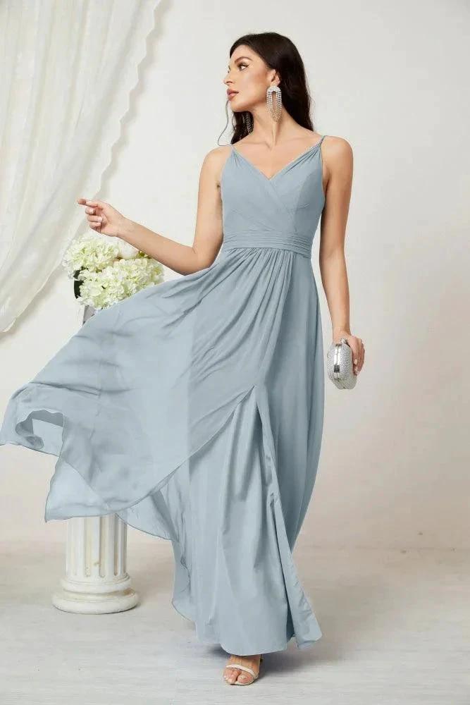 Numbersea Chiffon V-Neck Bridesmaid Dress Spaghetti Strap Long Formal Party Prom Gowns with Slit 28010 by numbersea