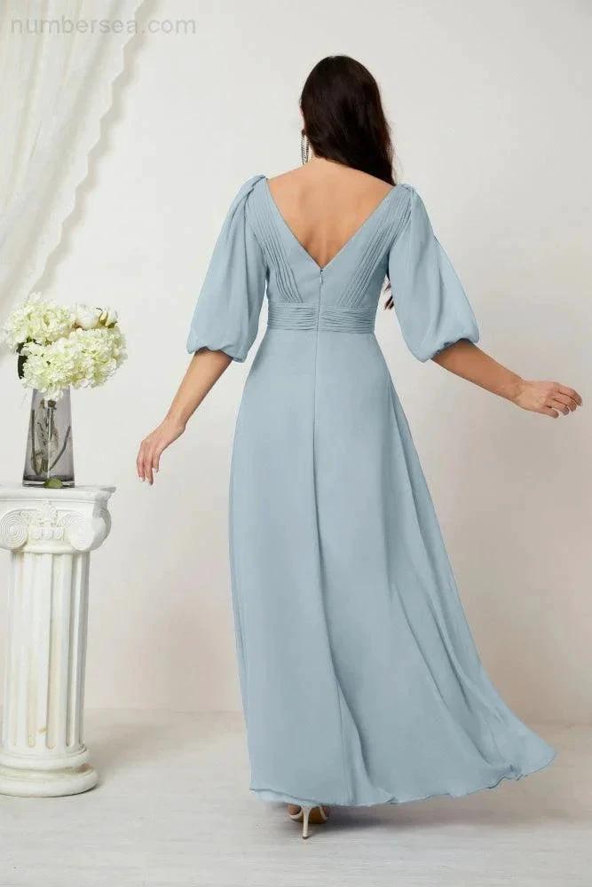 ZapDress  Formal Prom Gown Women V-Neck Chiffon Bridesmaid Dresses Long Bishop Sleeve Party Dress 2807 (ZD17027)