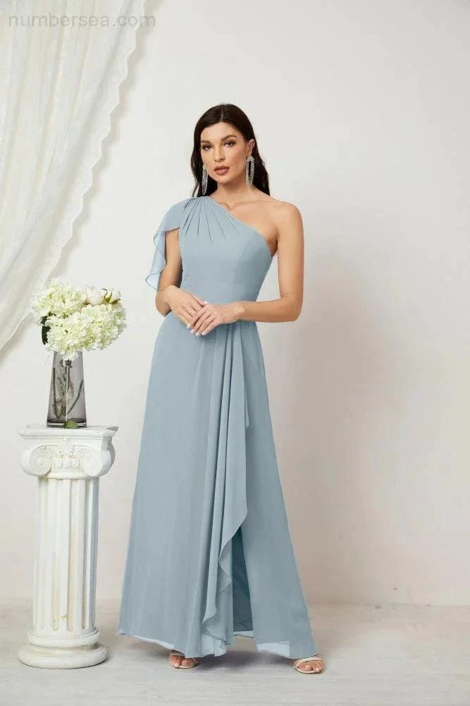 ZapDress  Chiffon Ruffled One Shoulder Long Bridesmaid Dresses A-line Formal Evening Gown Side Split 2809 (ZD17049)