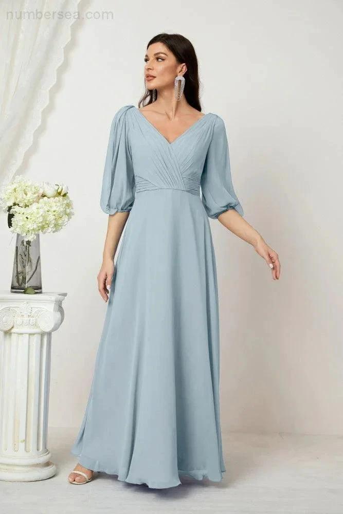 ZapDress  Formal Prom Gown Women V-Neck Chiffon Bridesmaid Dresses Long Bishop Sleeve Party Dress 2807 (ZD17027)