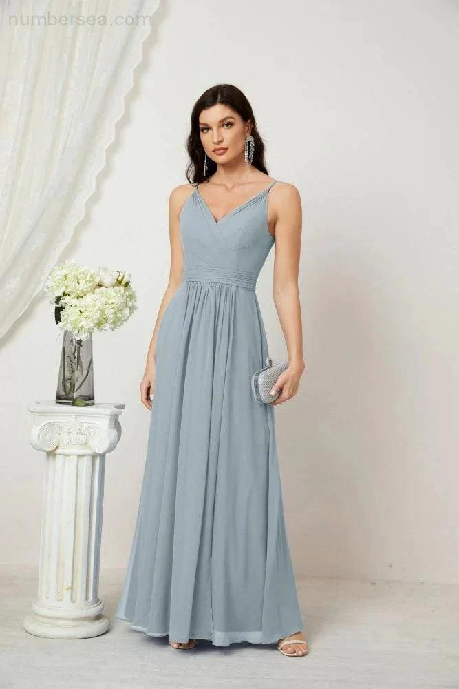 ZapDress Chiffon V-Neck Bridesmaid Dress Spaghetti Strap Long Formal Party Prom Gowns with Slit 28010 (ZD17028)