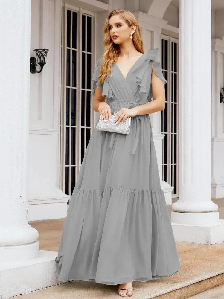Numbersea Women's Open Back Formal Evening Party Prom Gowns V-Neck Long Chiffon Bridesmaid Dresses with Waist Belt 28038 by numbersea