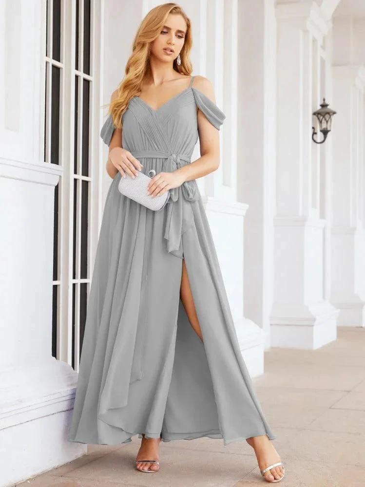 Numbersea Off The Shoulder Chiffon Bridesmaid Dress Long Formal Graduation Gown with Cowl Back 28069 by numbersea