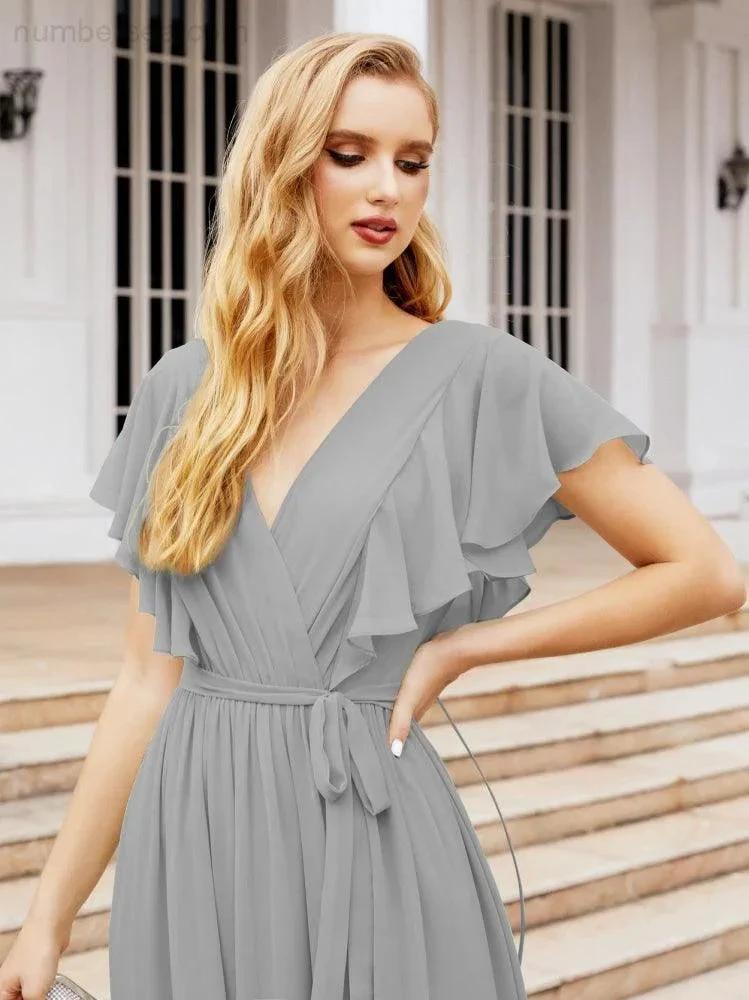 ZapDress Women's Open Back Formal Evening Party Prom Gowns V-Neck Long Chiffon Bridesmaid Dresses with Waist Belt 28038 (ZD17000)