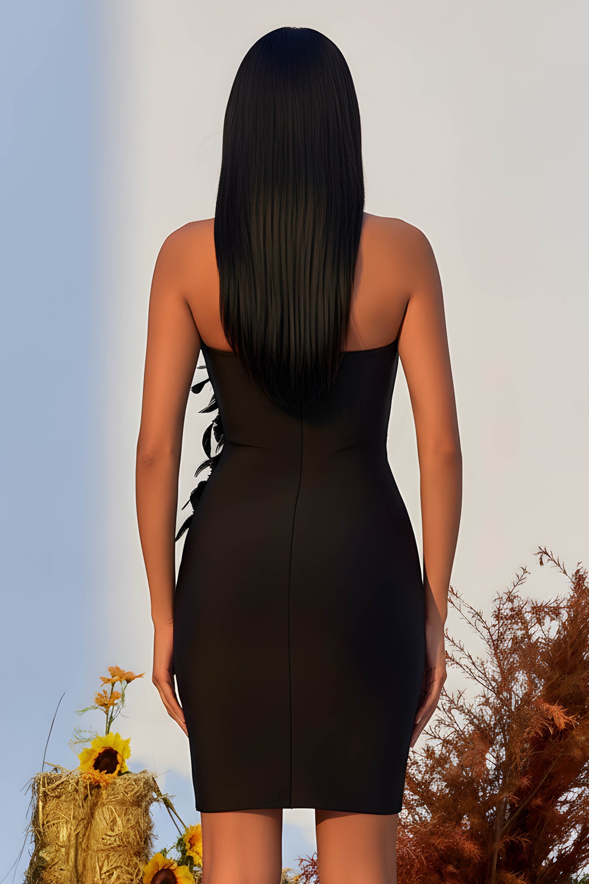 Strapless Fitted Mini Dress with Asymmetric Feather