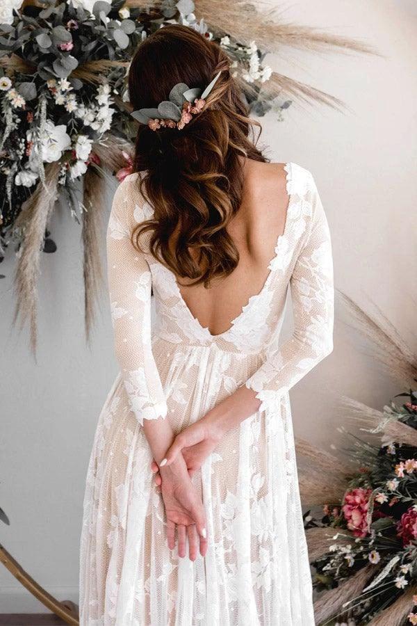 A-line Scoop Neck Long Sleeves Lace Weddding Dress Bridal Gown (ZD16337)