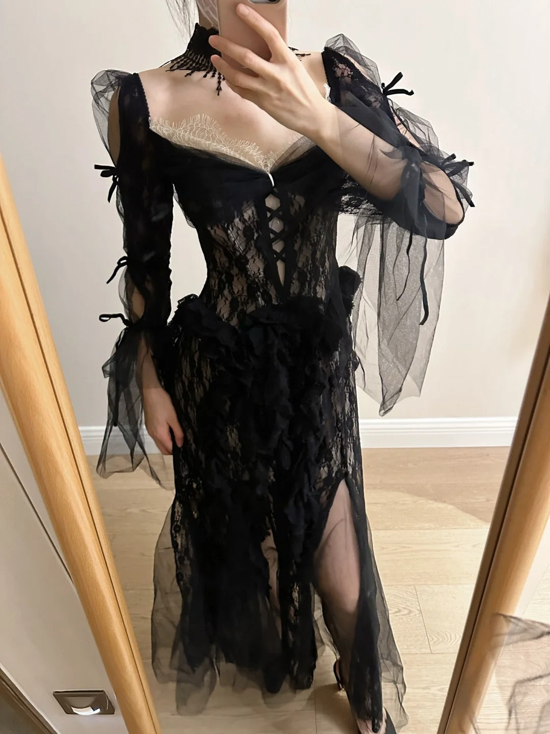 Dark Vintage Black Long Sleeve High-Slit Lace Tulle Prom & Evening Dress - View 3 | FashionDia
