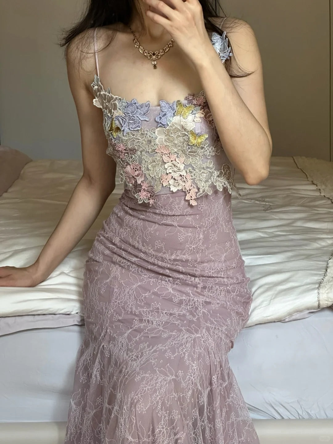 Elegant Light Purple Mermaid Square Neck 3D Floral Lace Long Prom Dress Evening Dress