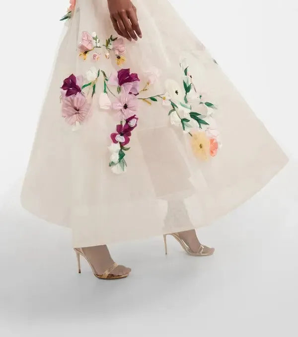 Pretty Gala Prom Dresses A Line Strapless Princess Special Occasion Gowns 3D Flowers Celebrity Formal Dress