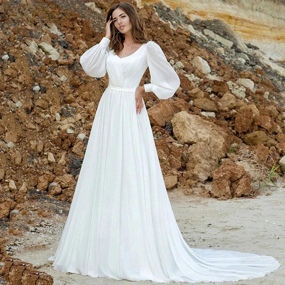 Puff Sleeve Wedding Dresses Women Vestido De Novia Long Chiffon Elegant V-Neck A-Line Backless Bridal Gown Robe Mariée (ZD13336)