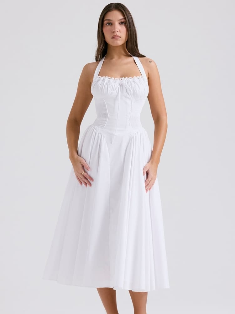 White Backless Halter Midi Dress