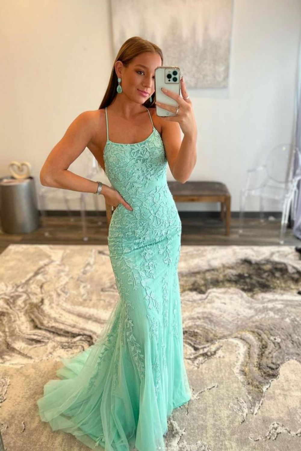 Mermaid Spaghetti Straps Lavender Long Prom Dress with Appliques