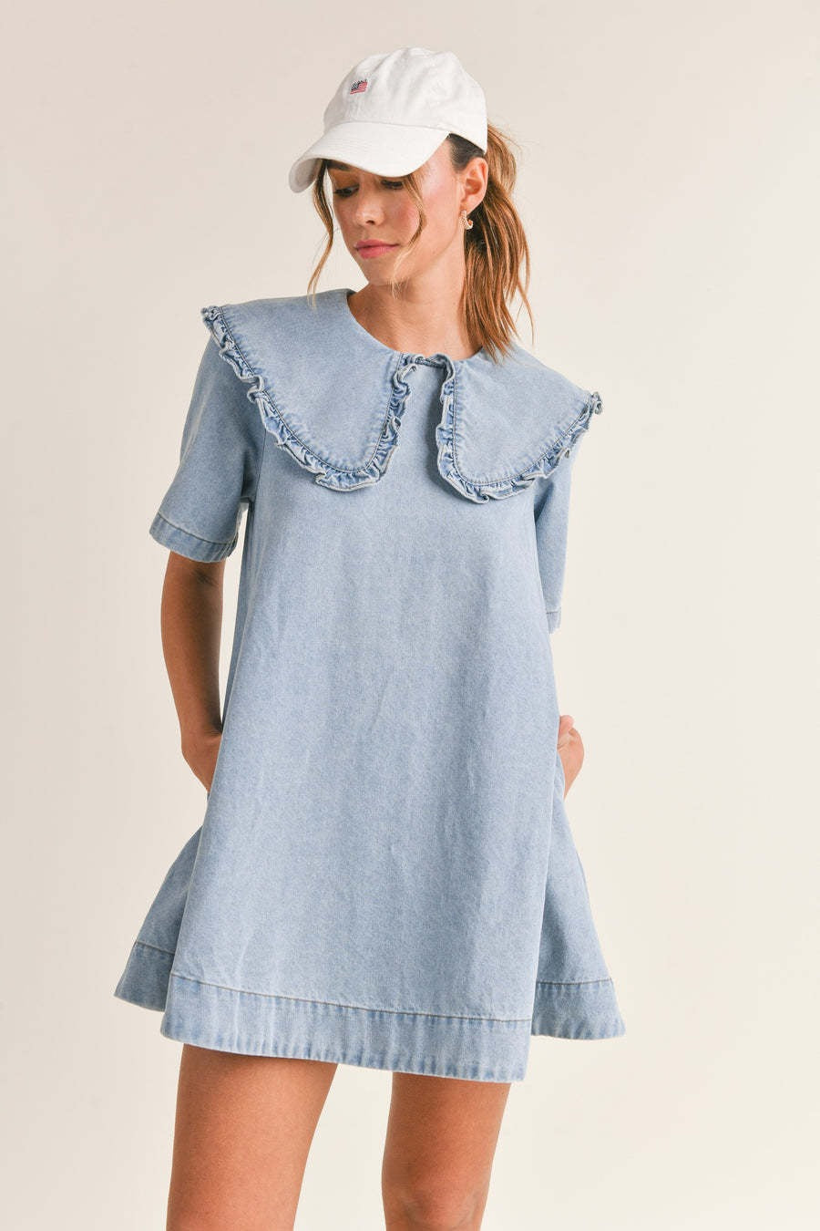 Ruffled Collar Denim Dress - VelvetHem