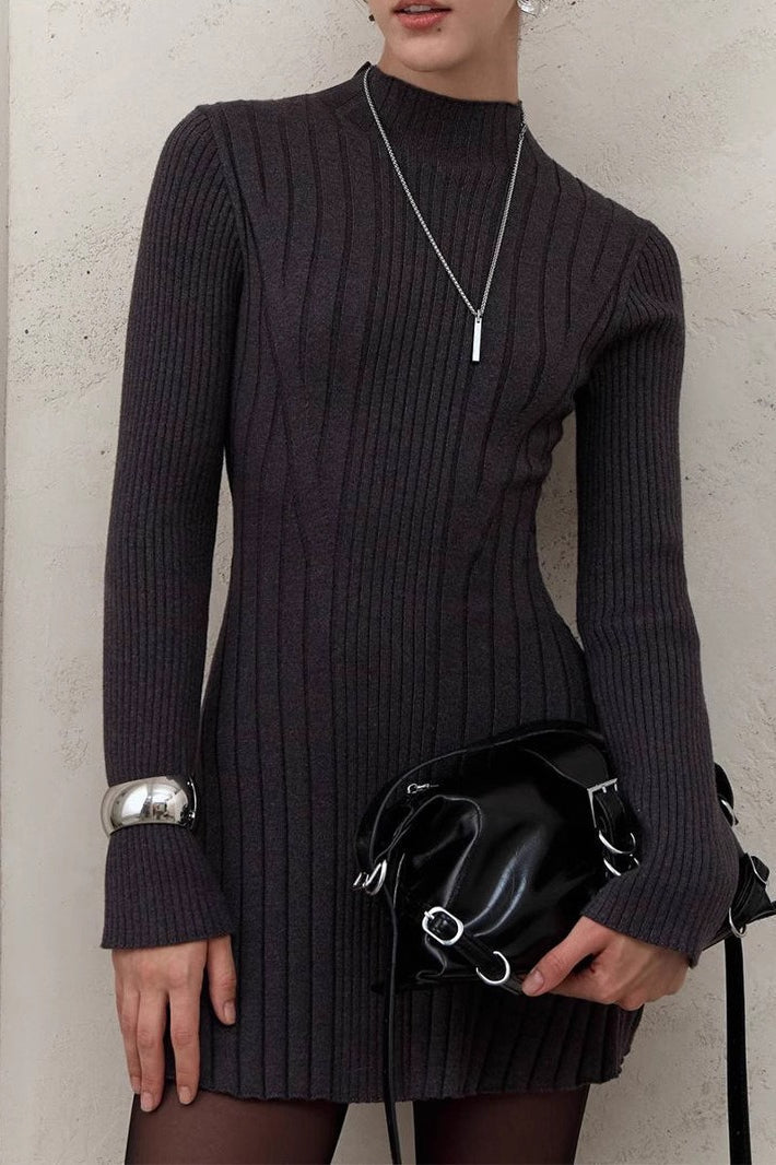 Elegant Playful Mock Neck Long Sleeve A-Line Mini Knit Sweater Dress