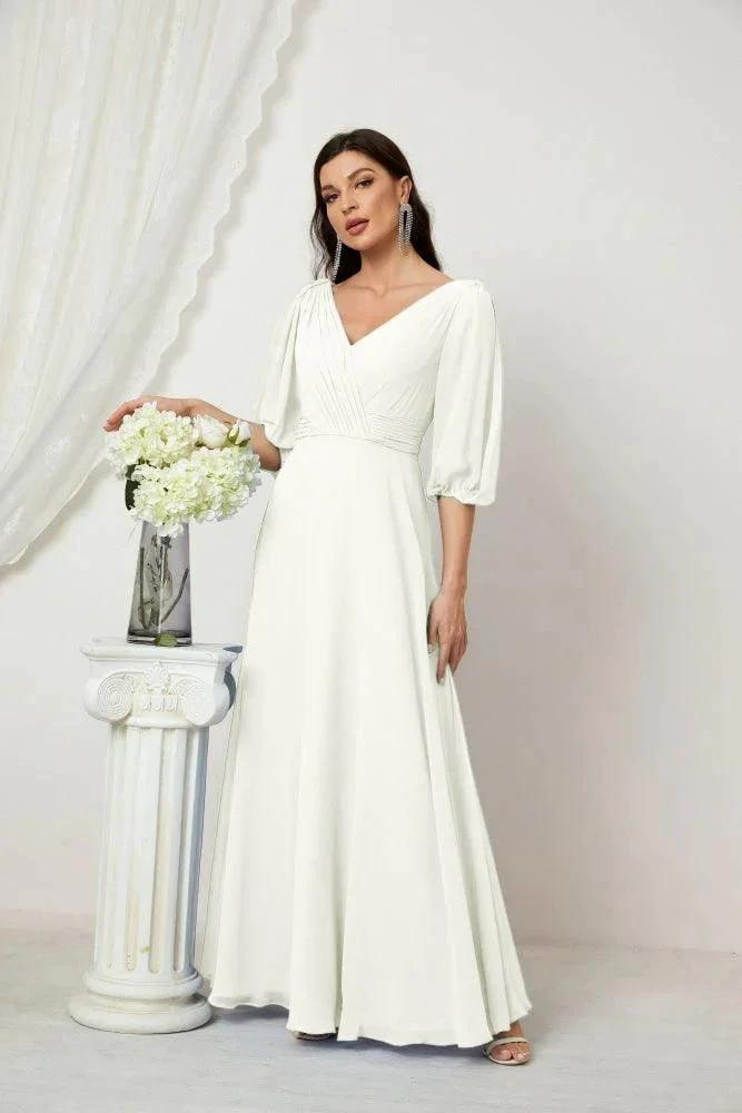 Numbersea Formal Prom Gown Women V-Neck Chiffon Bridesmaid Dresses Long Bishop Sleeve Party Dress 2807 by numbersea