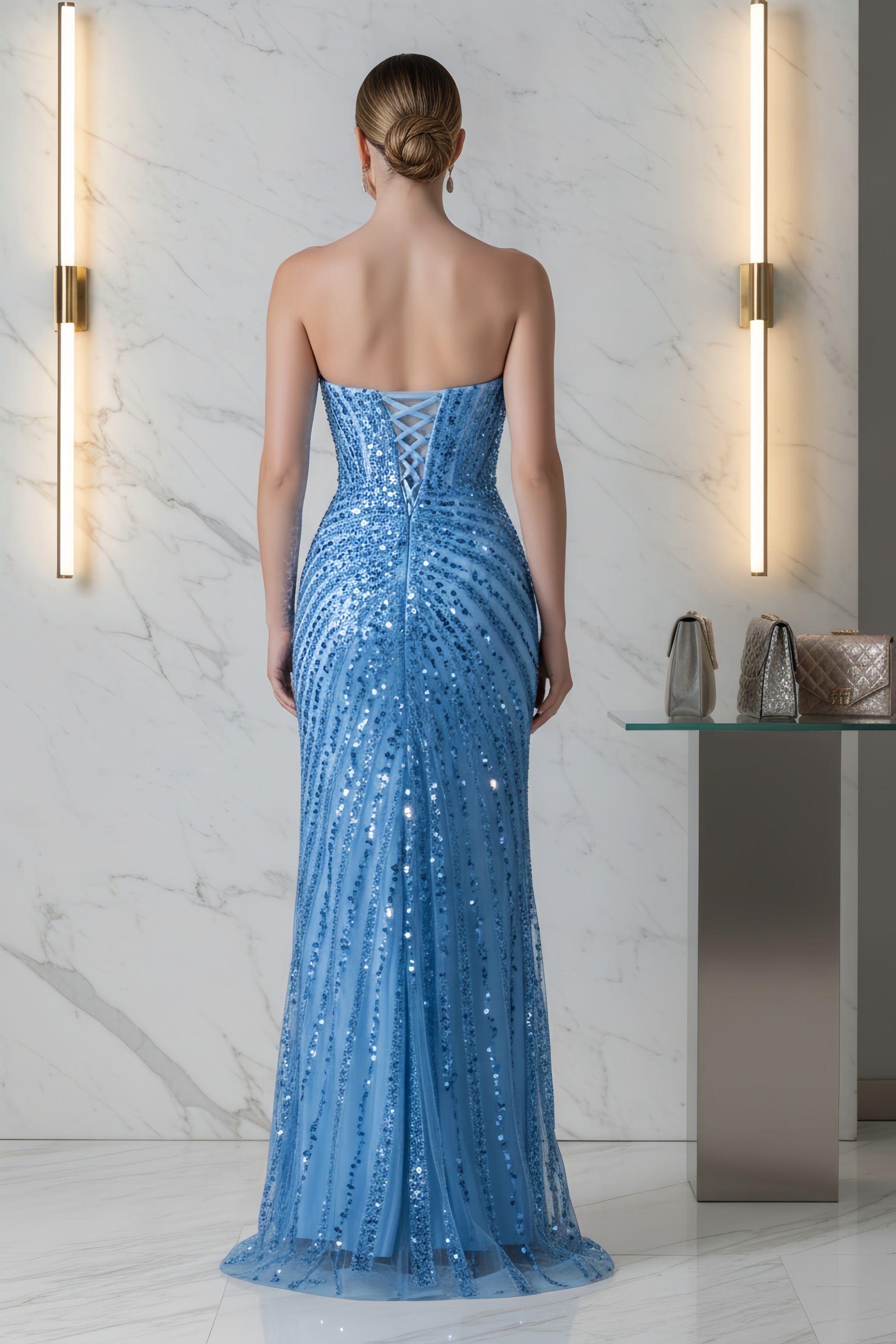 Strapless Sequined Corset Gown with High Slit and Lace-Up Back