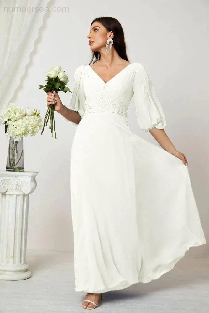 ZapDress  Formal Prom Gown Women V-Neck Chiffon Bridesmaid Dresses Long Bishop Sleeve Party Dress 2807 (ZD17027)
