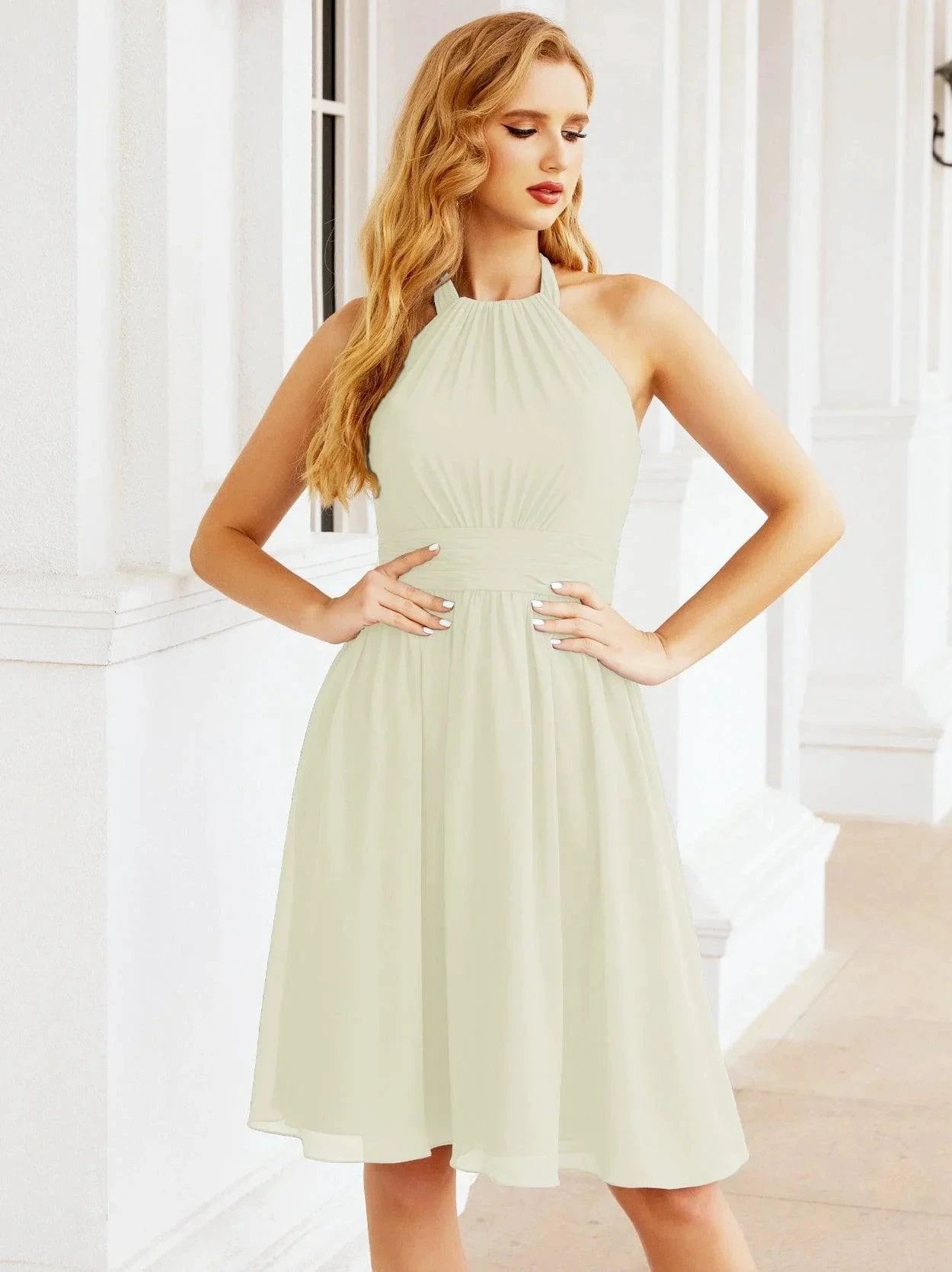 ZapDress Halter Chiffon Bridesmaid Dresses Short Sleeveless Formal Party Dress Open Back 28023 (ZD16957)