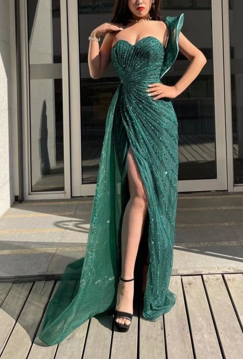 Emerald Green Sweetheart One-Shoulder Sequins Beading Evening Dress Mermaid Prom Dress With Split