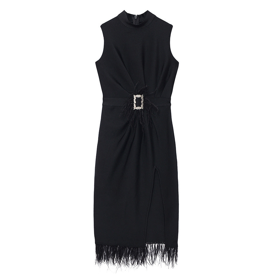 Beaded Belt Bandage Evening Dress Sleeveless Split Feather Party Tight Dress Cocktail - View 2 | VelvetHem