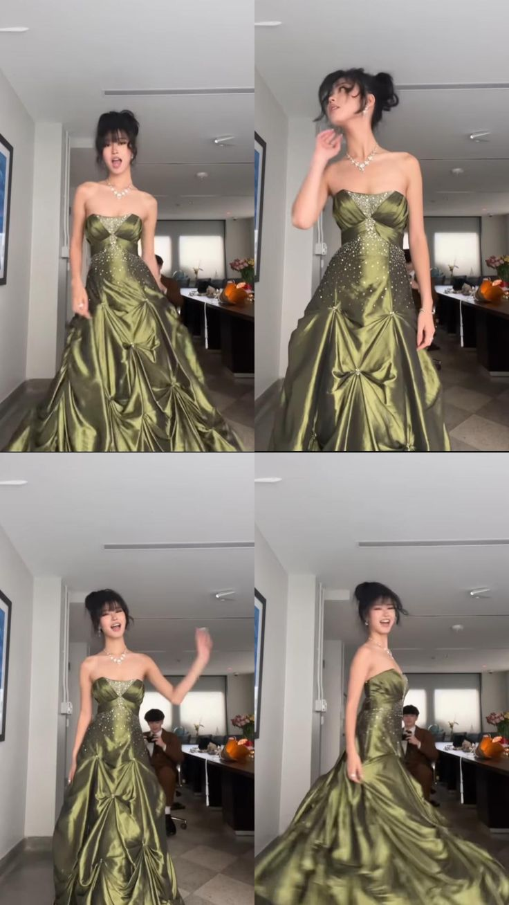 Luxurious Strapless Ball Gown Vintage Green Beaded Prom Dress Evening Dress