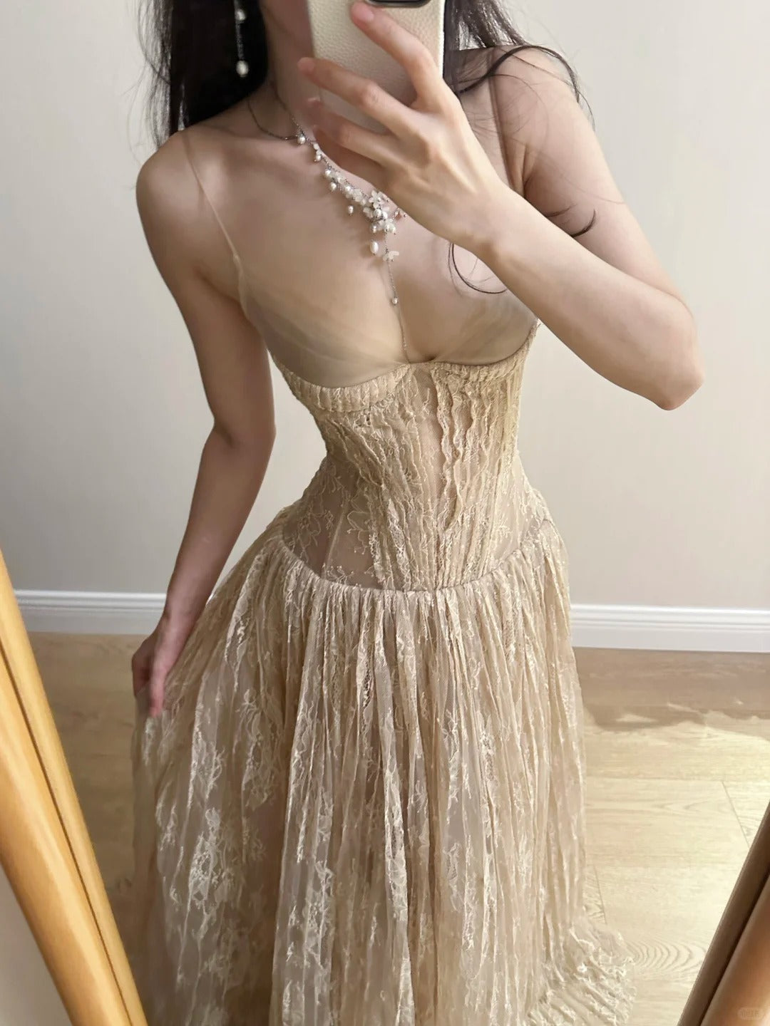 Elegant Nude Apricot A-line Deep V Halter Lace Long Prom Dress Evening Dress Bridesmaid Dress