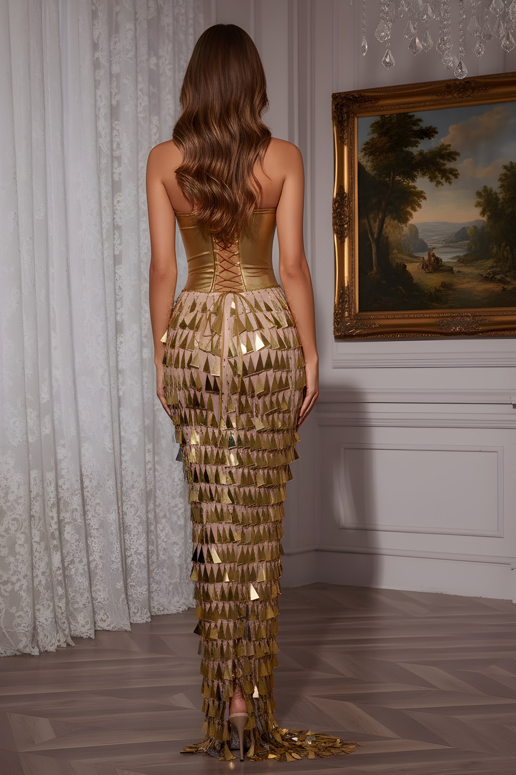 Strapless Metallic Corset Bodice Triangle Fringe Mermaid Gown