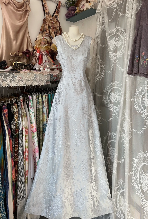 Vintage Sleeveless Satin Print Floral A Line Long Wedding Guest Dress Evening Dress