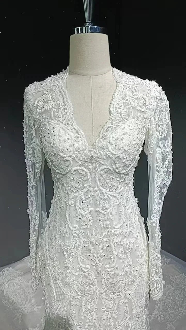 V-neck long sleeved luxurious nail bead trailing bridal veil (ZD16770)