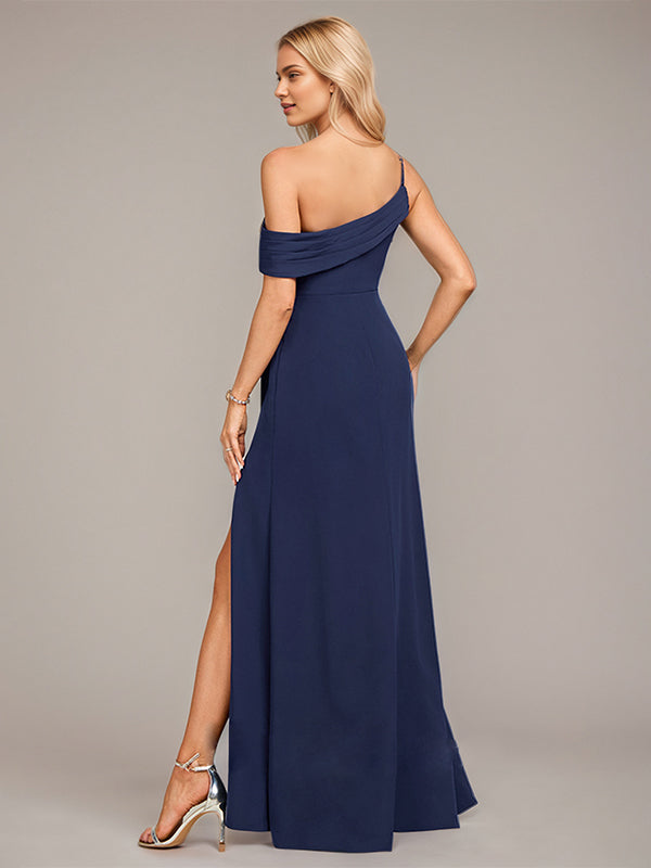 Dark Navy Trumpet/Mermaid One Shoulder Floor-Length Stretch Crepe Bridesmaid Dress With Ruffle