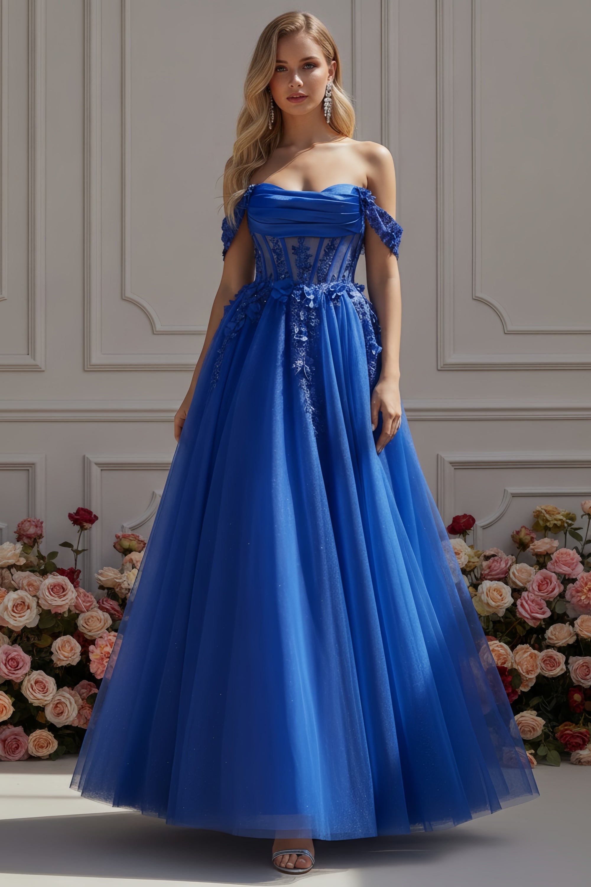 Off-the-Shoulder Floral Applique Ball Gown with Corset Bodice