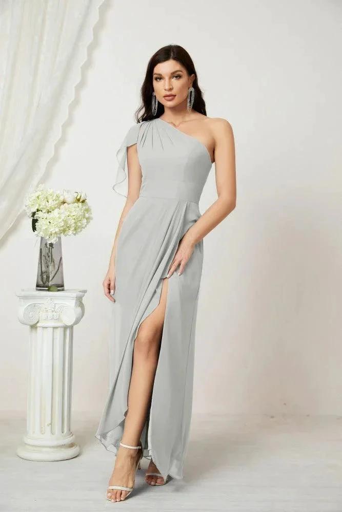 Numbersea Chiffon Ruffled One Shoulder Long Bridesmaid Dresses A-line Formal Evening Gown Side Split 2809 by numbersea