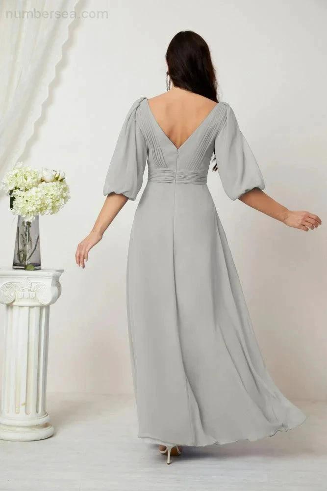 ZapDress  Formal Prom Gown Women V-Neck Chiffon Bridesmaid Dresses Long Bishop Sleeve Party Dress 2807 (ZD17027)