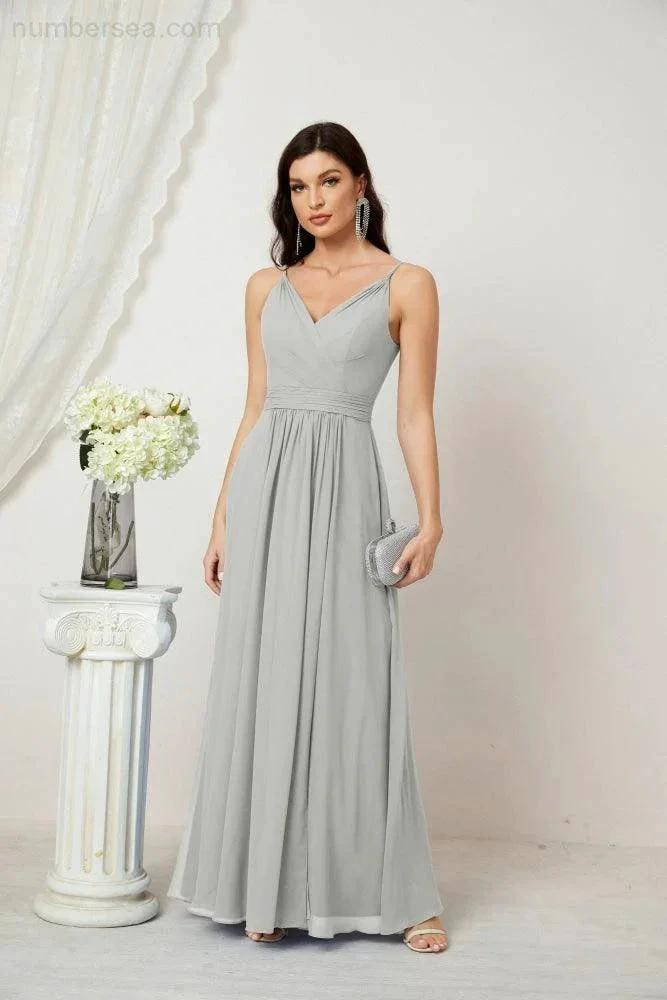 ZapDress Chiffon V-Neck Bridesmaid Dress Spaghetti Strap Long Formal Party Prom Gowns with Slit 28010 (ZD17028)