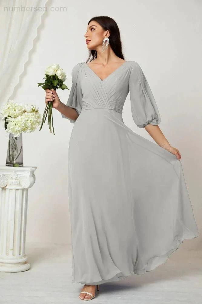ZapDress  Formal Prom Gown Women V-Neck Chiffon Bridesmaid Dresses Long Bishop Sleeve Party Dress 2807 (ZD17027)